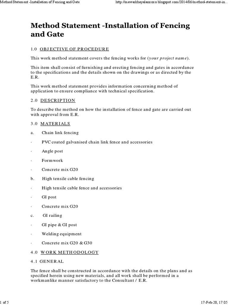 Method Statement Installation of Fencing and Gate PDF