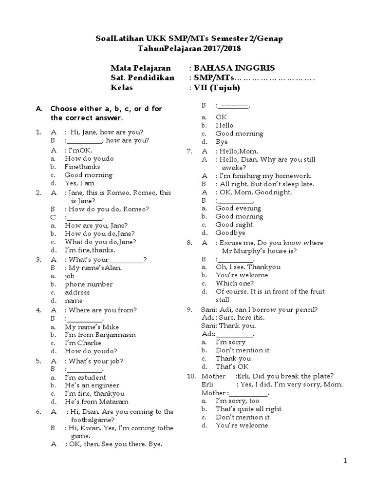 Soal UKK Bahasa Inggris SMP Kelas 7 | PDF