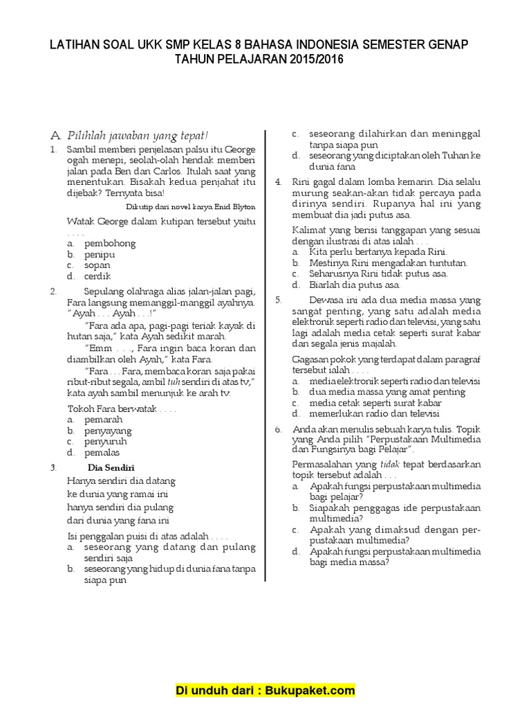 Soal Ukk Bahasa Indonesia Kelas 8 Smp Pdf