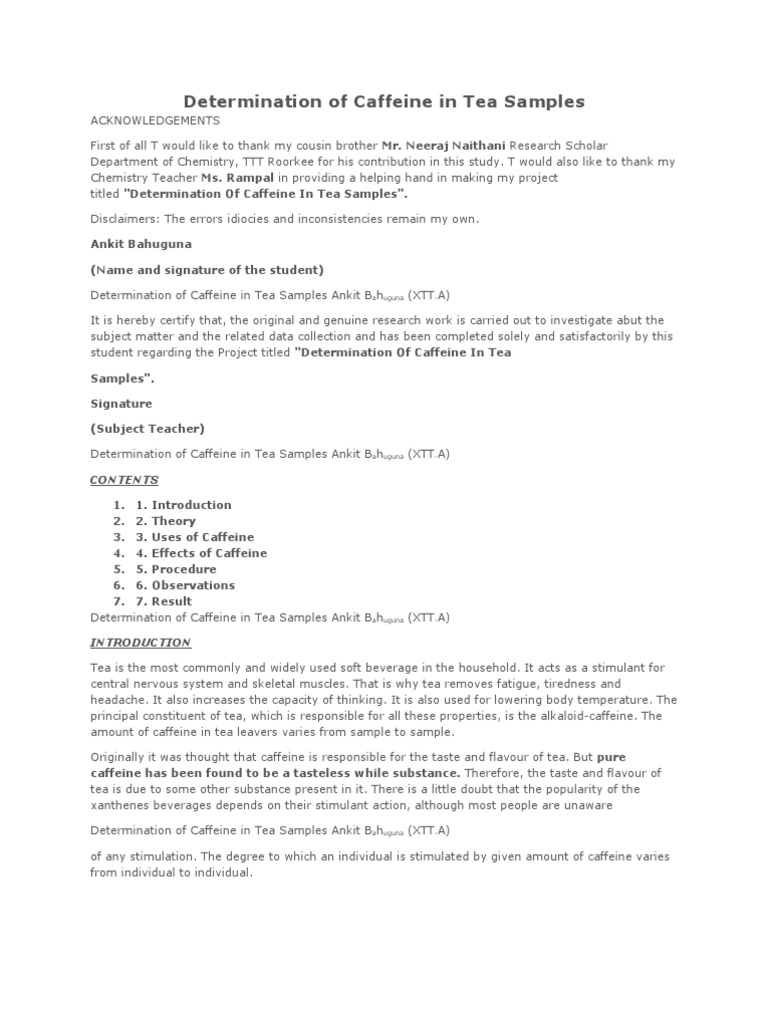 Determination of Caffeine in Tea Samples | PDF | Caffeine | Carbohydrates