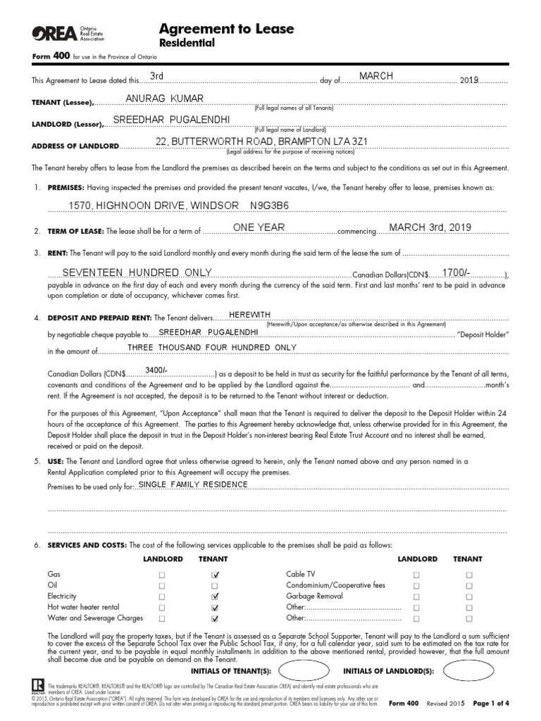 orea form 400 agreement to lease residential pdf