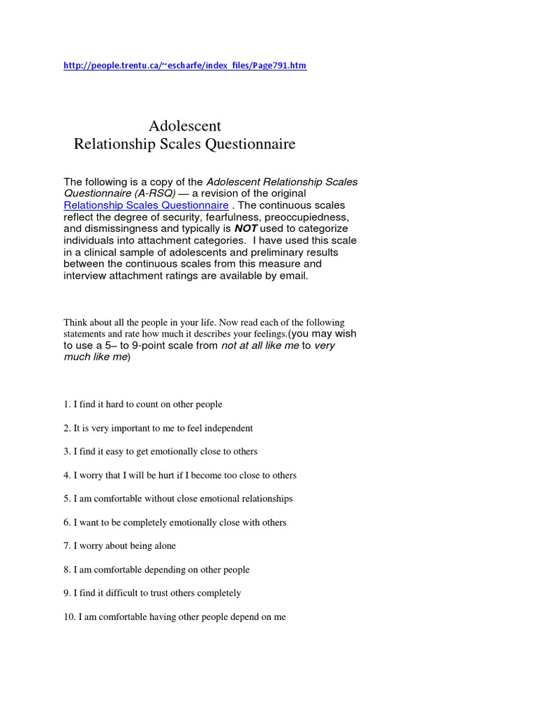 Attachemtn Style Questionnaire | PDF