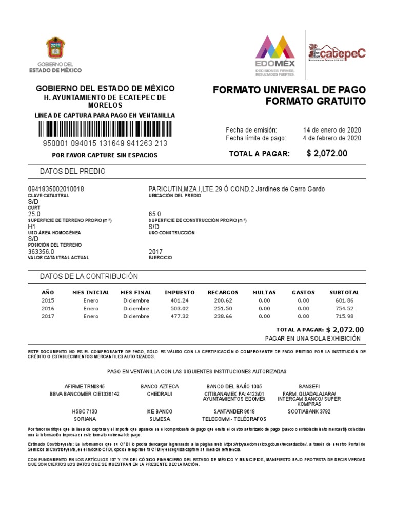 Boleta Predial Ecatepec 2020 | PDF