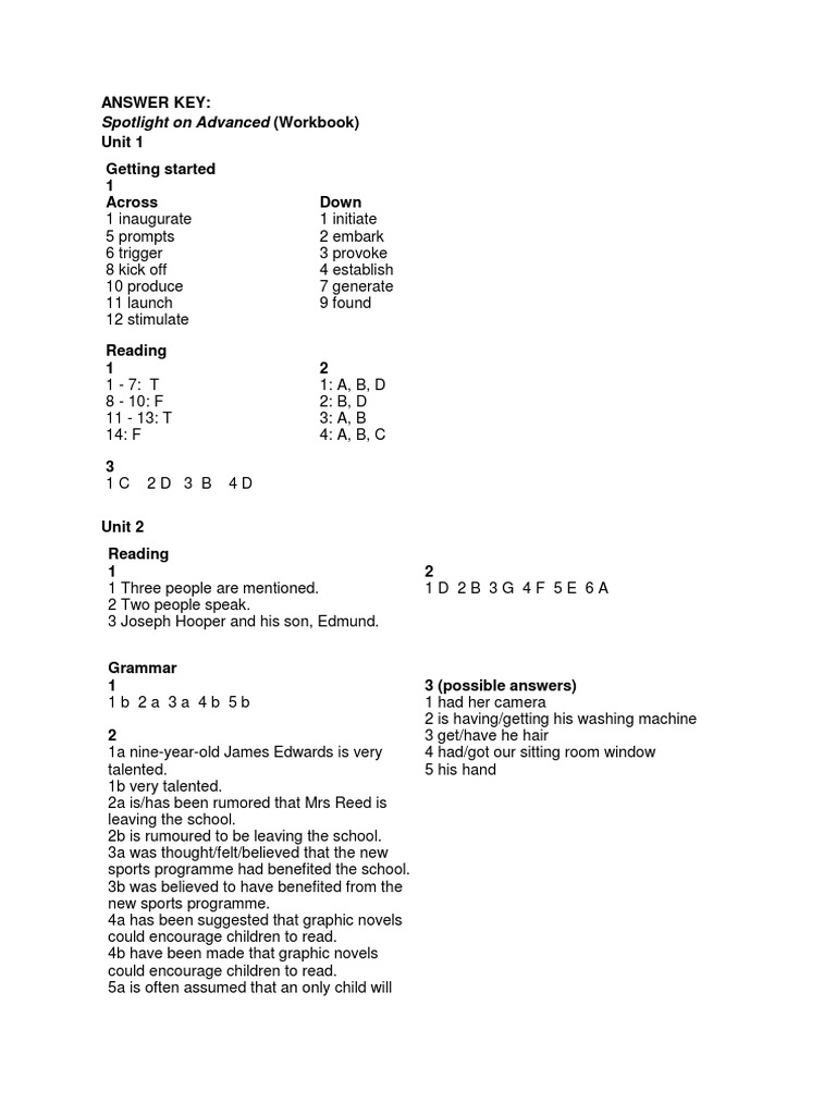 Spotlight on Advanced Answer Key | PDF