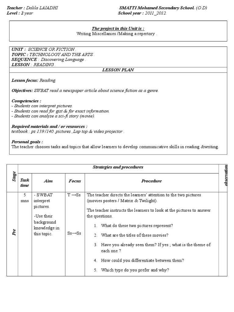 Science Or Fiction Lesson Plan Overview Pdf