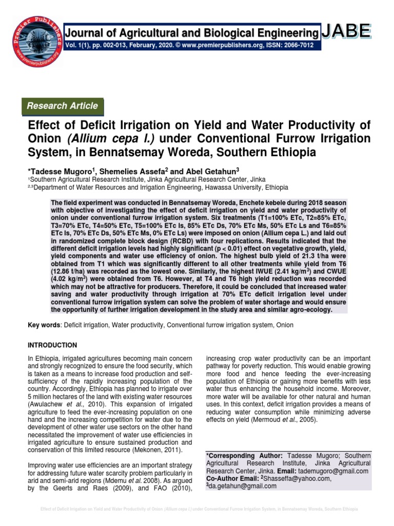 Effect of Deficit Irrigation On Yield and Water Productivity of Onion ...