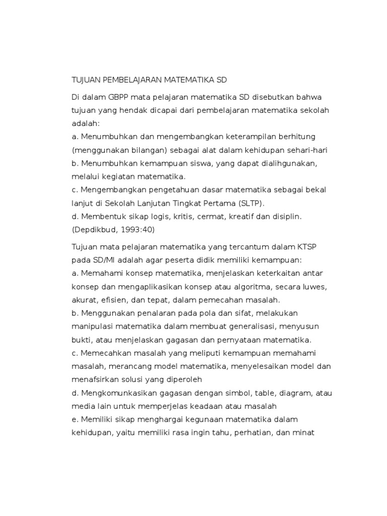 Tujuan Pembelajaran Matematika Sd Lengkap