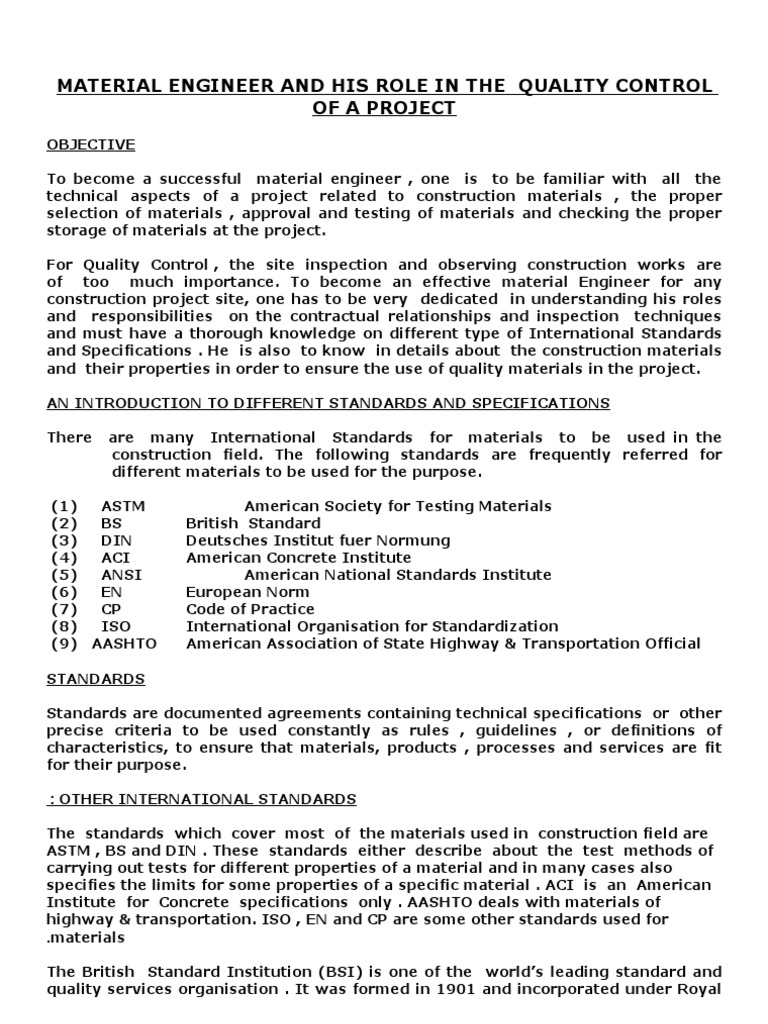 Material Engineer & his Role in a Project Specification (Technical