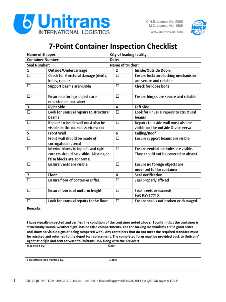 CTPAT 7 Point Container Seal Inspection Checklist PDF Building