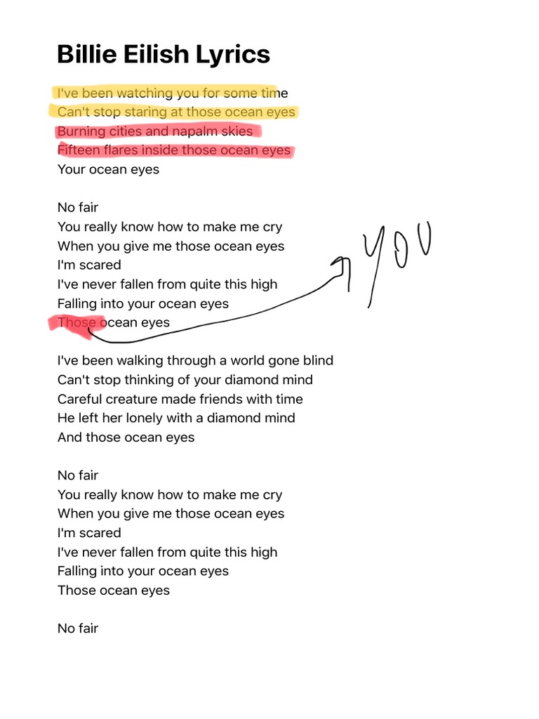 Billie Eilish Ocean Eyes Lyrics Azlyrics Com Pdf
