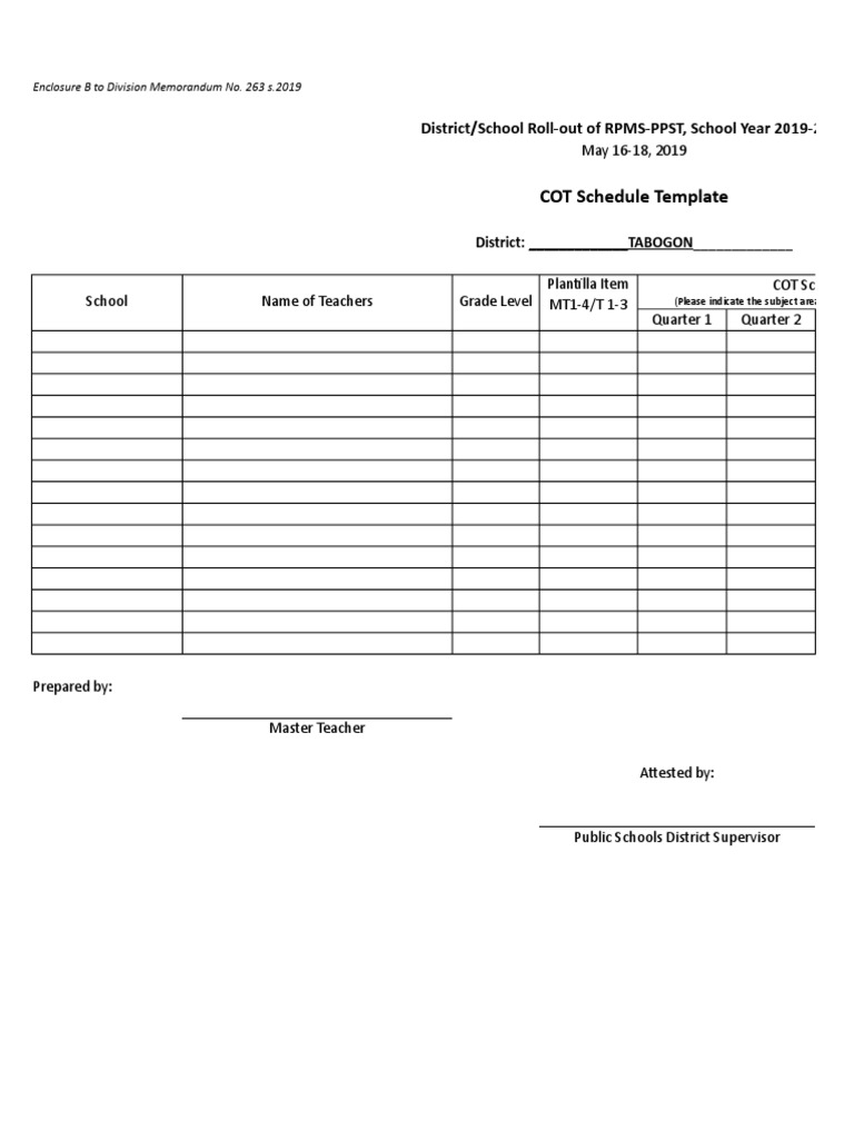 COt Schedule Template