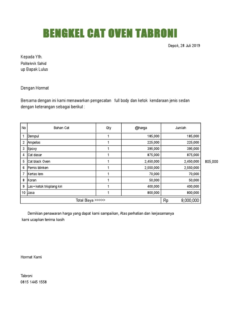 Invoice Pengecatan Mobil Tabroni | PDF