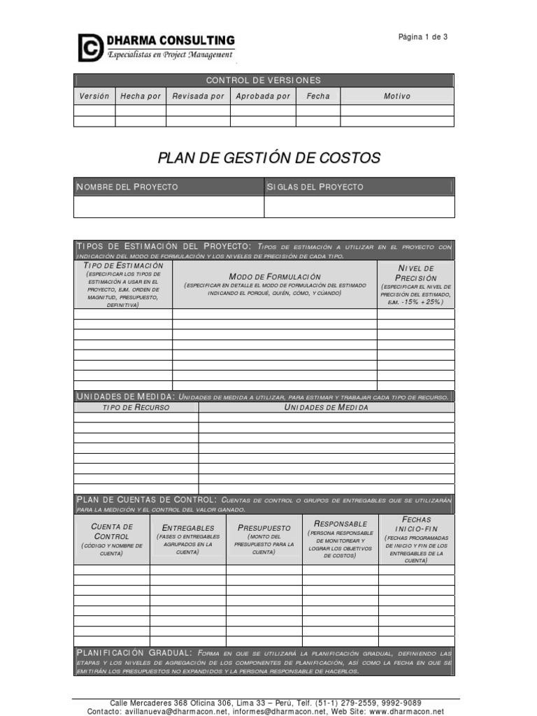 Plan de Gestión de Costos del Proyecto | PDF | Presupuesto | Medición