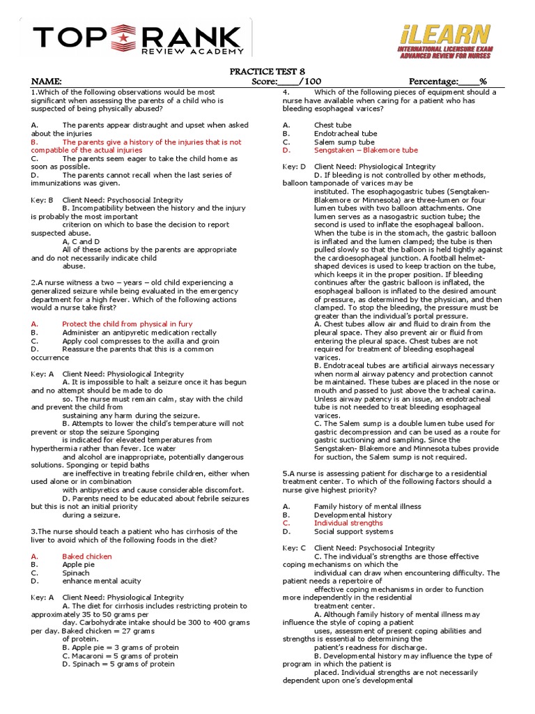 Practice Test 8 ANSWER KEY PDF Dialysis Peritoneum