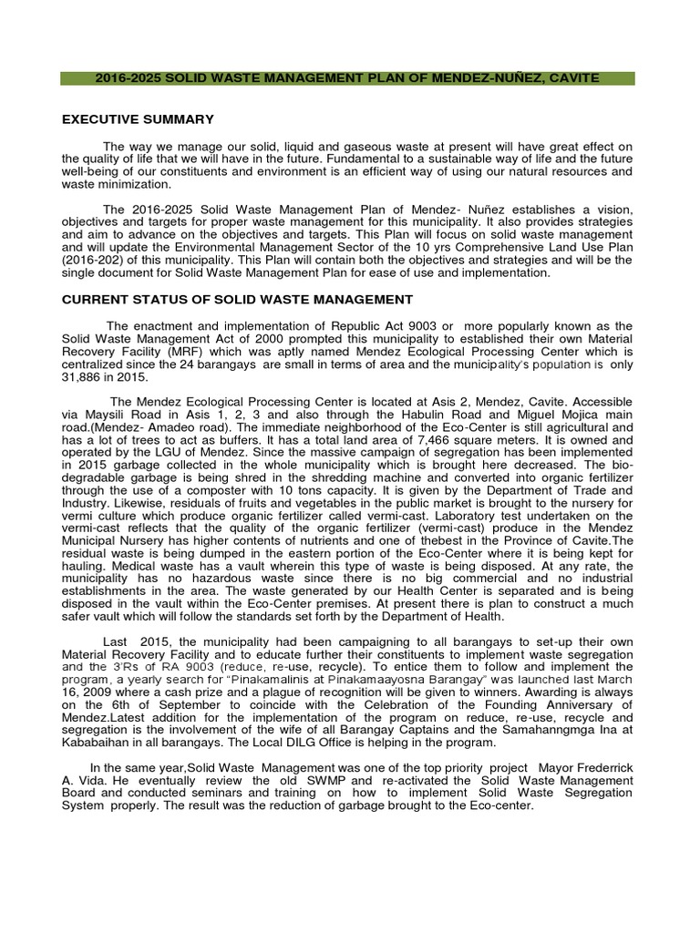 Mendez-Nuñez Waste Management Plan 2025 | PDF | Waste Management ...