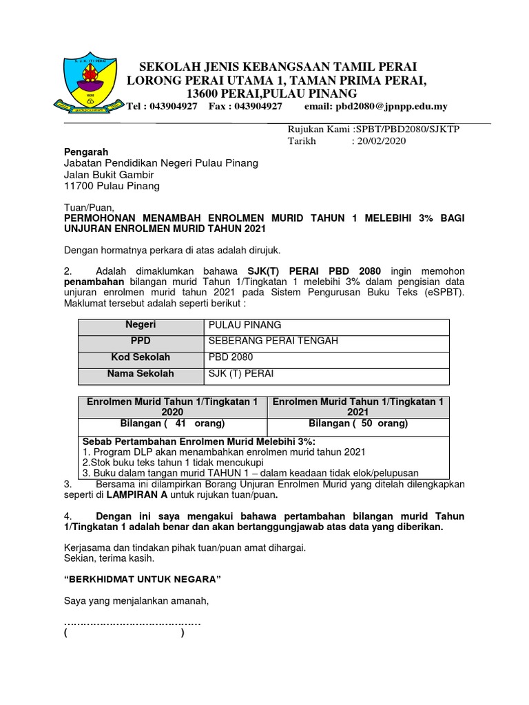 Contoh Surat Penambahan Pengurangan Enrolmen Murid Sekolah Pdf