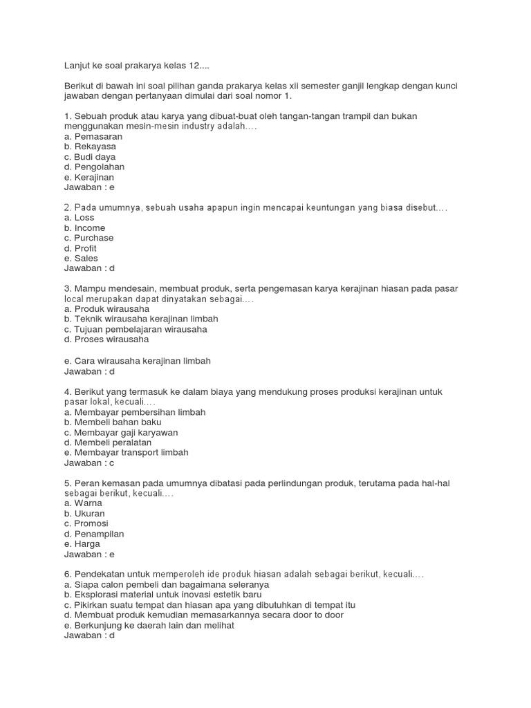 Soal Dan Jawaban Wirausaha  Produk Kerajinan  Untuk Pasar  