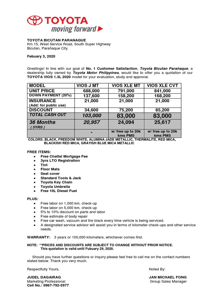 Toyota Vios Quotation | PDF
