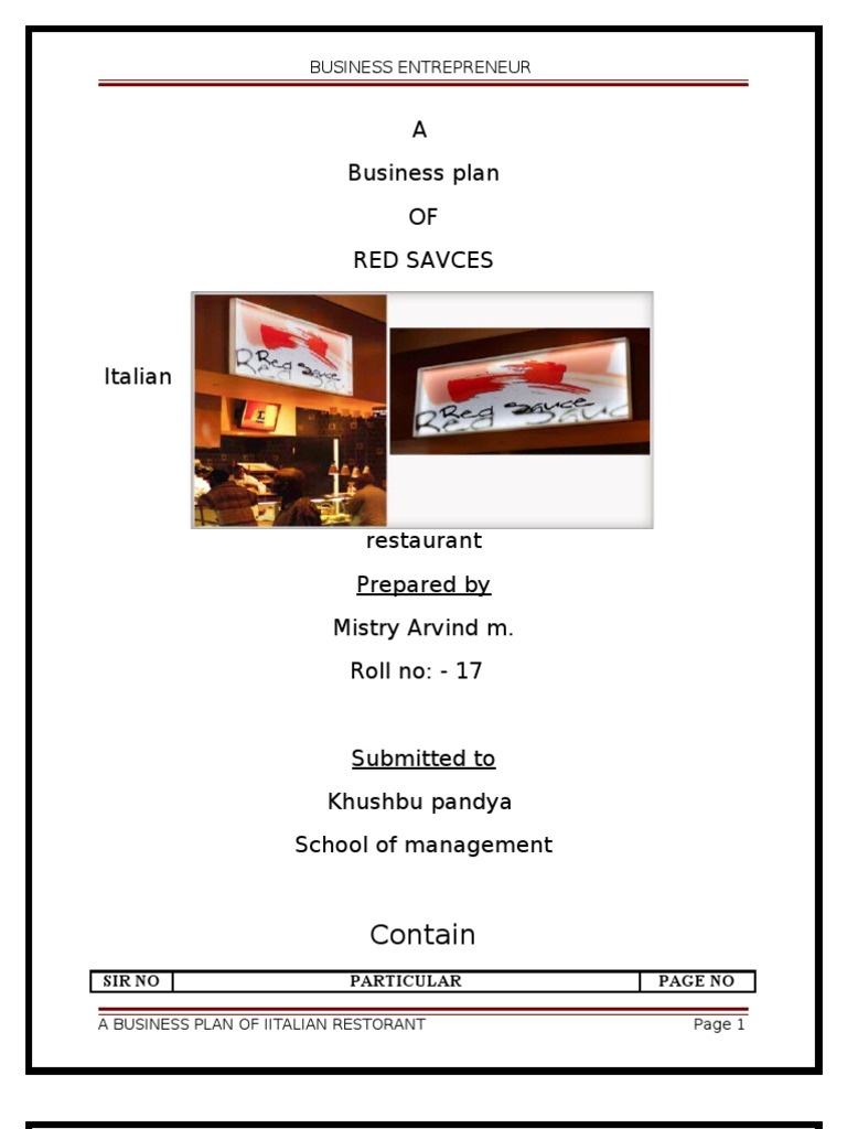 Business plan menu picture