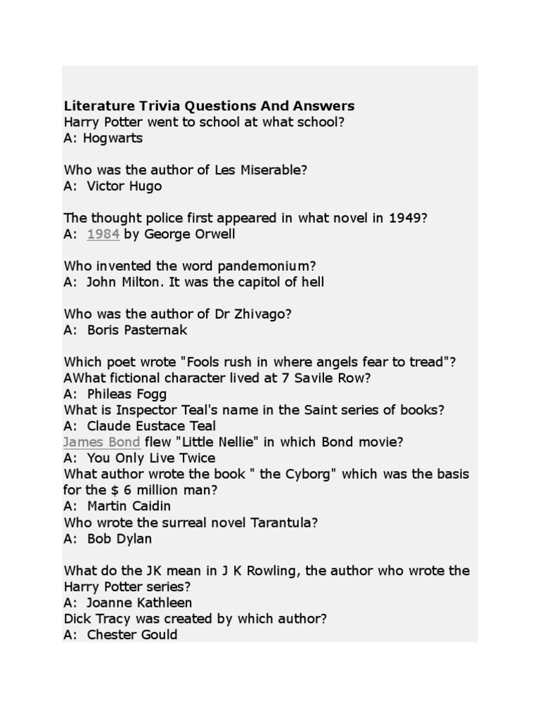 Literature Trivia Questions & Answers | PDF | General Fiction