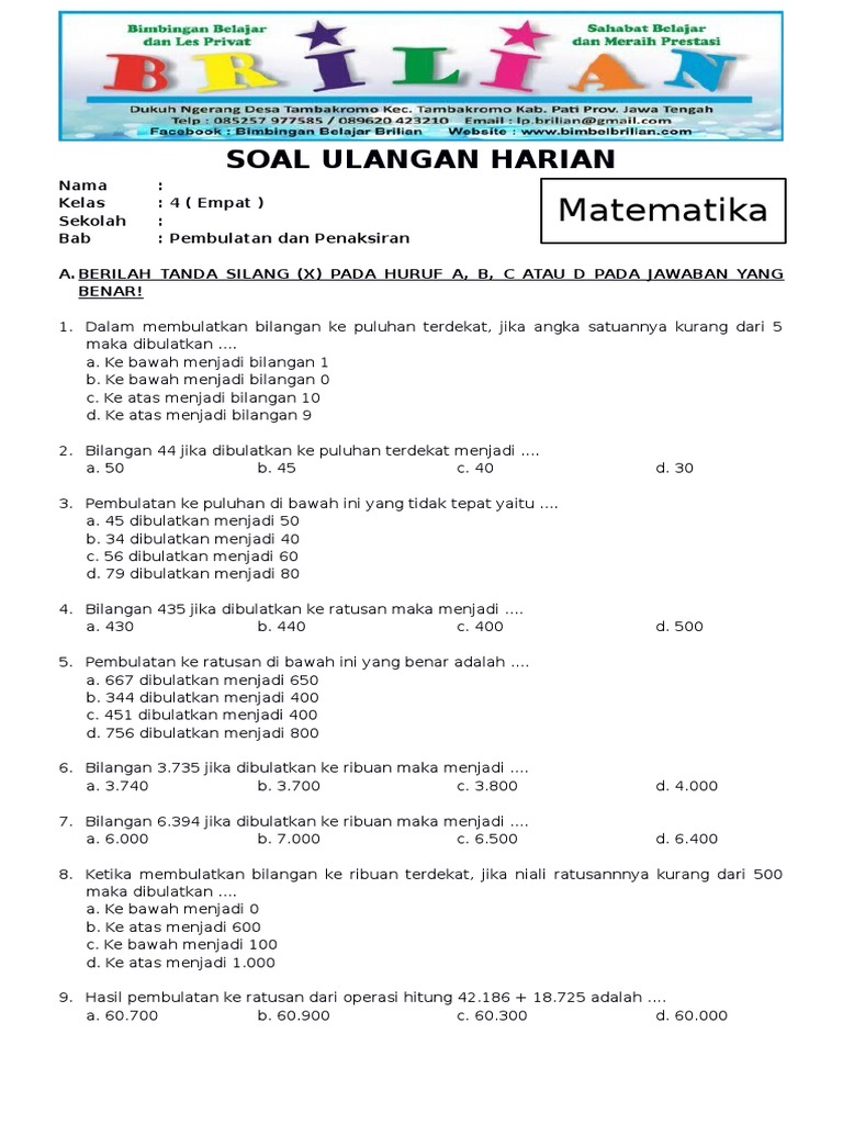 Soal Matematika Kelas 4 Pembulatan Dan Penaksiran
