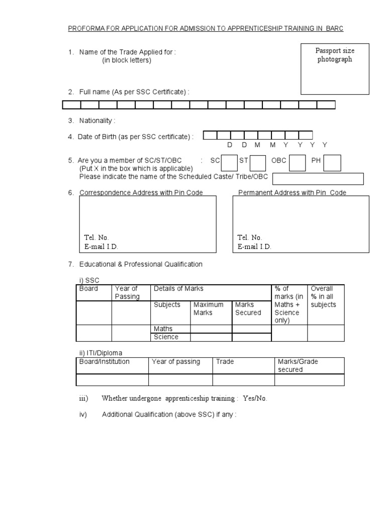 BARC Apprenticeship Admission Form | PDF | Identity Document