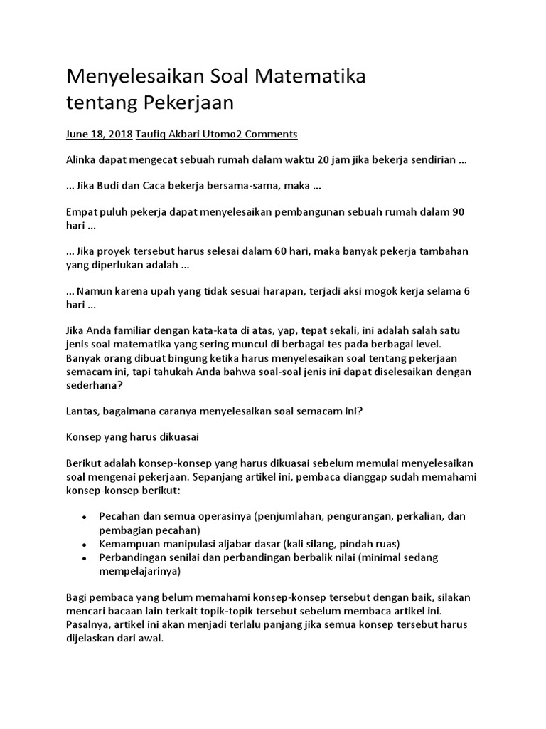 Menyelesaikan Soal Matematika Tentang Pekerjaan Gabungan Docx