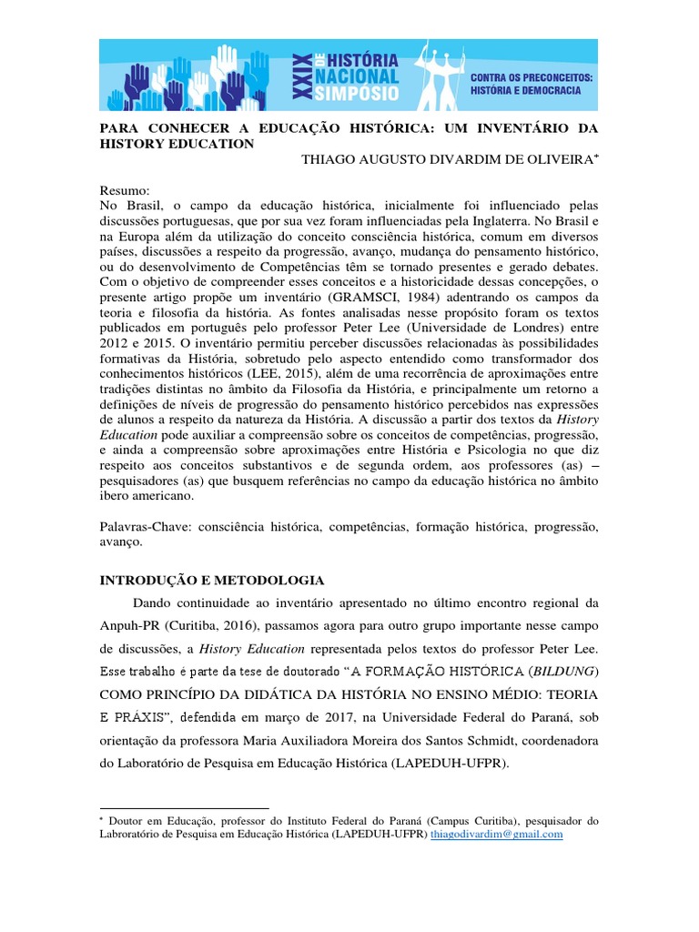 Para Conhecer A Educação Histórica Um Inventário Da History Education