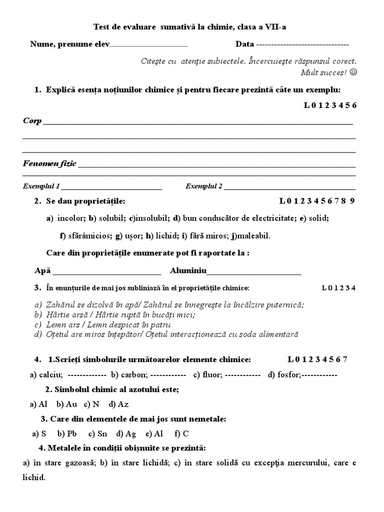 Test de Evaluare CL 7 Cap.I | PDF