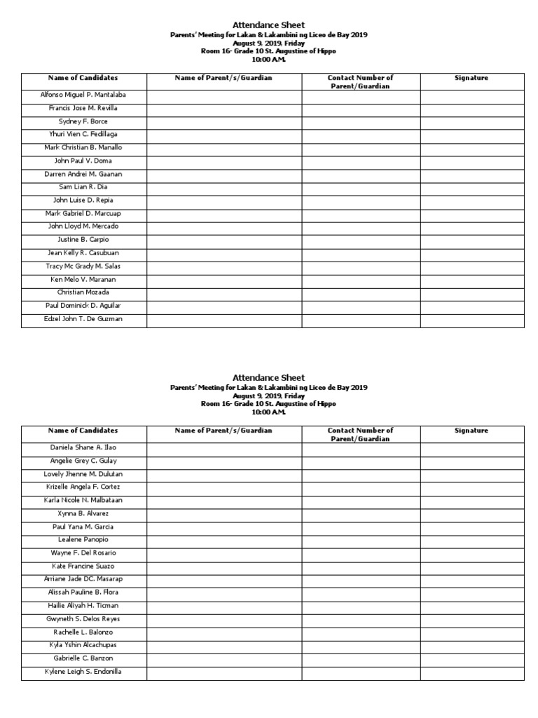 Attendance Sheet for Parents' Meeting of Grade 10 Candidates for Lakan ...