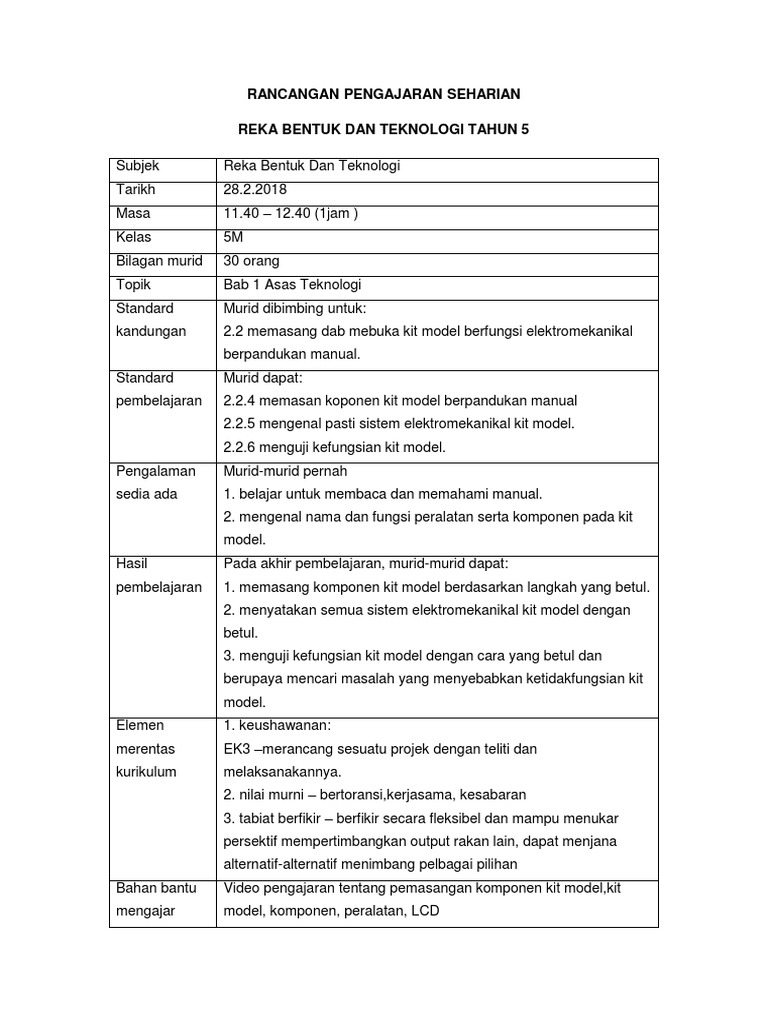 Rancangan Pengajaran RBT Tahun 5 | PDF | Teknologi & Rekayasa