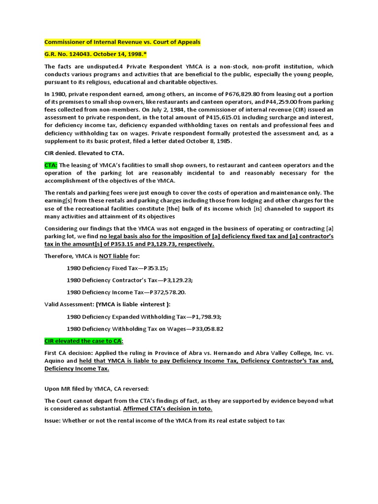 CIR vs. CA & YMCA PDF Tax Exemption Taxes