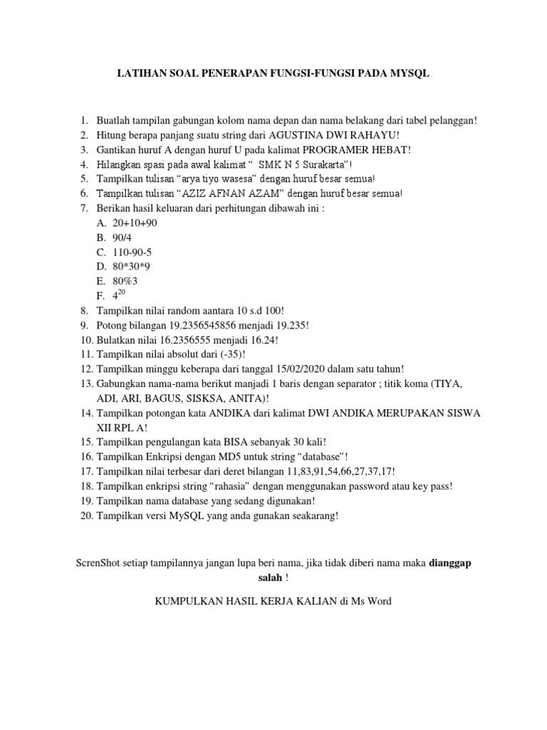 Soal Latihan Fungsi MySQL Praktis | PDF | Metode & Bahan Ajar