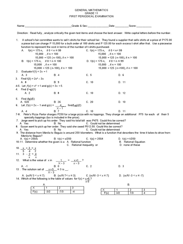 Grade 11 General Math Exam Review | PDF | Logarithm | Function ...