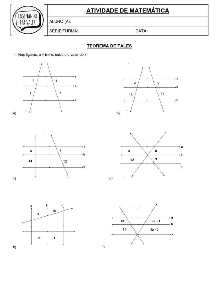 9o Ano - Exercícios - TEOREMA DE TALES 2 - Modelo Novo | PDF