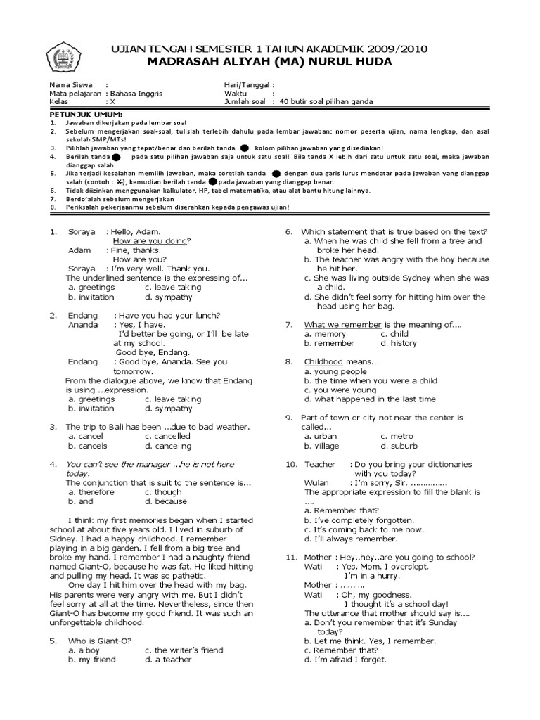 Soal Bahasa Inggris Kelas 10 PDF