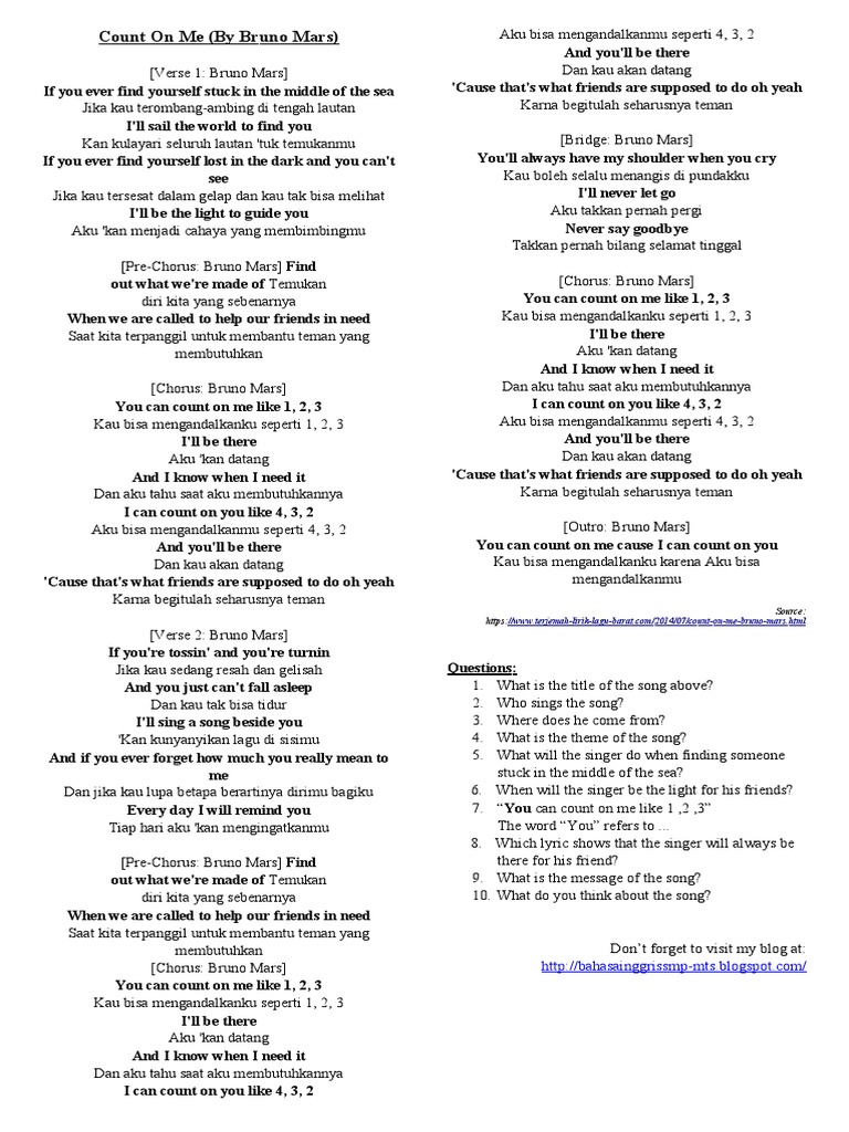 Terjemahan Dan Soal Count On Me Pdf Songs Musical Compositions