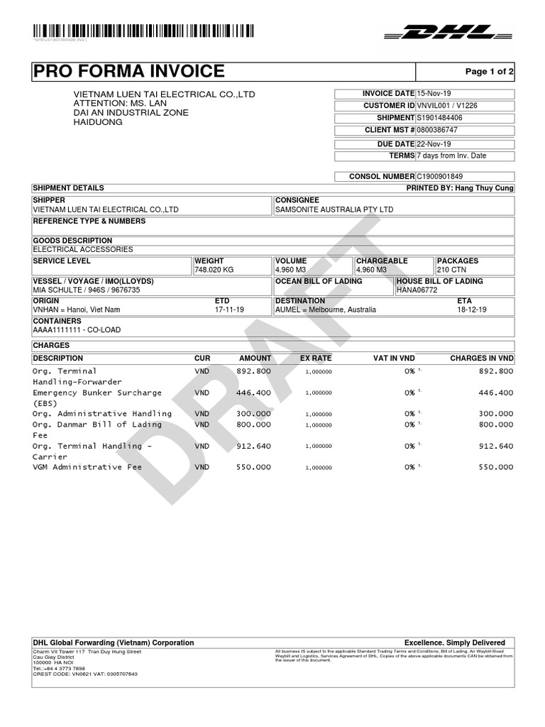Pro Forma Invoice for DHL Shipment | PDF | Ho Chi Minh City | Invoice