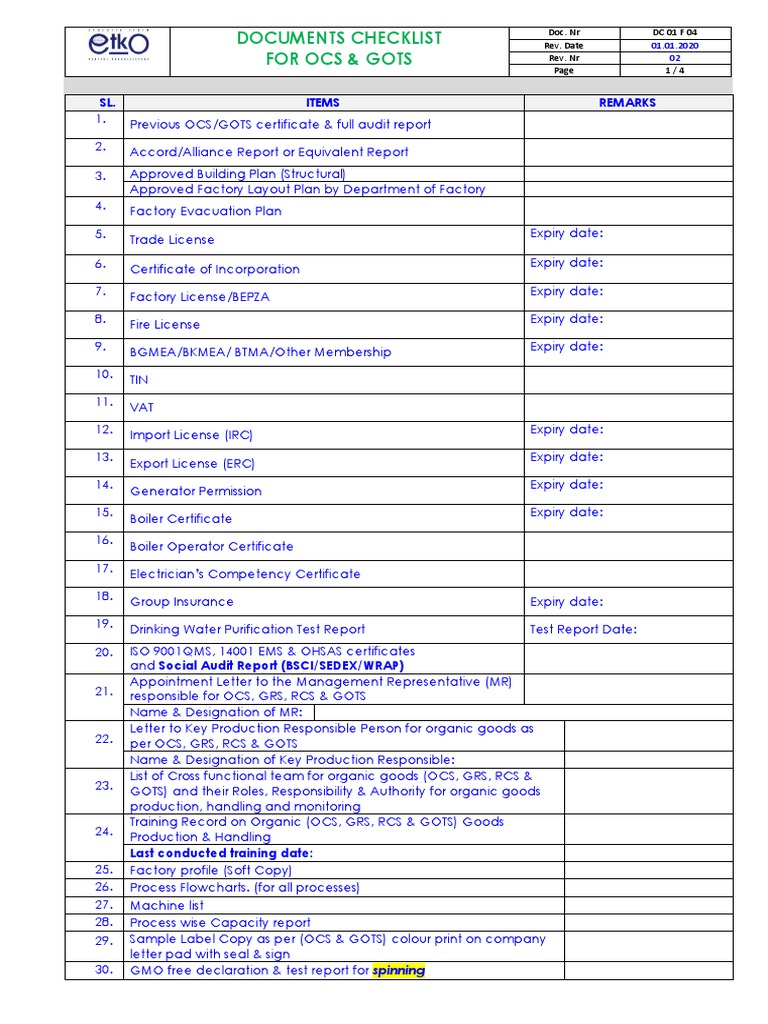 Documents Checklist For Ocs & Gots 2020.01.01, PDF