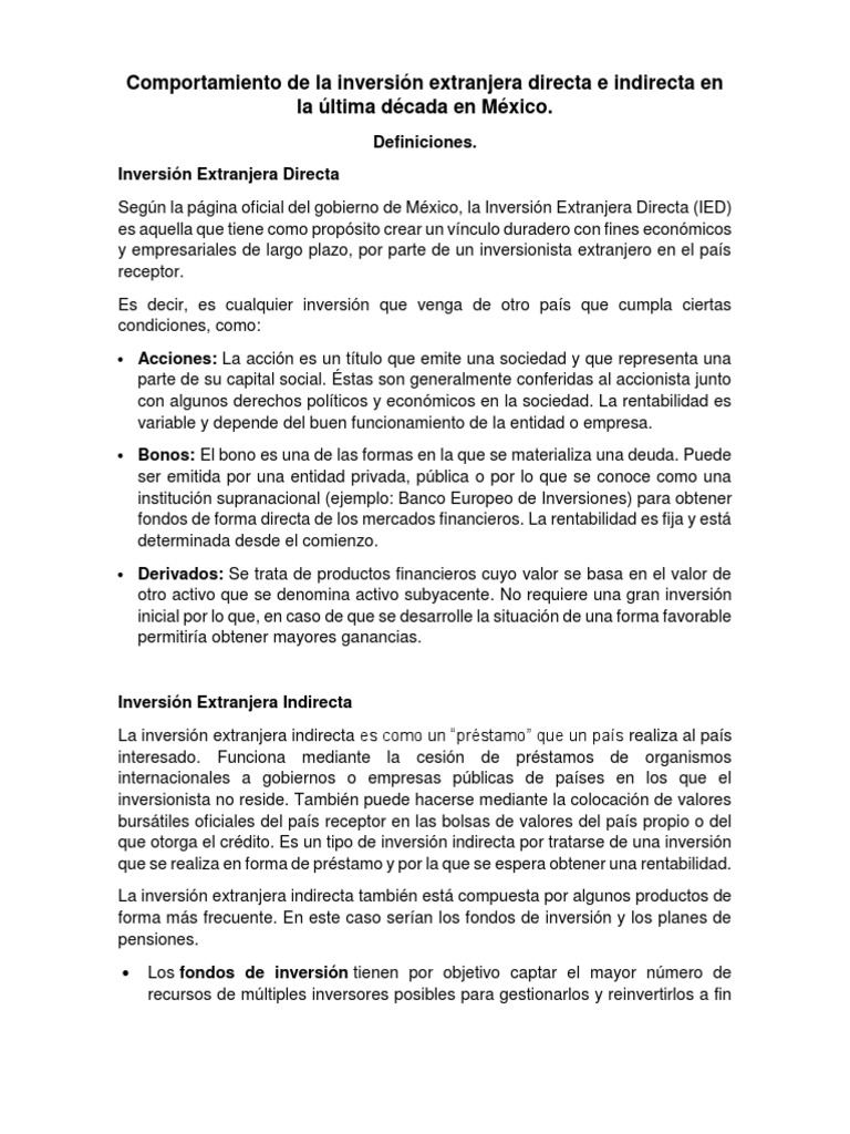 Comportamiento de La Inversión Extranjera Directa e Indirecta en La ...