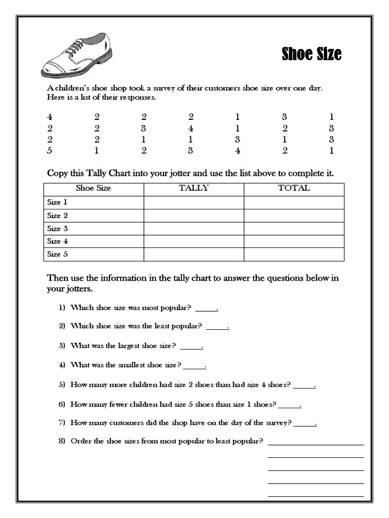 shoe size tally with space for answers pdf