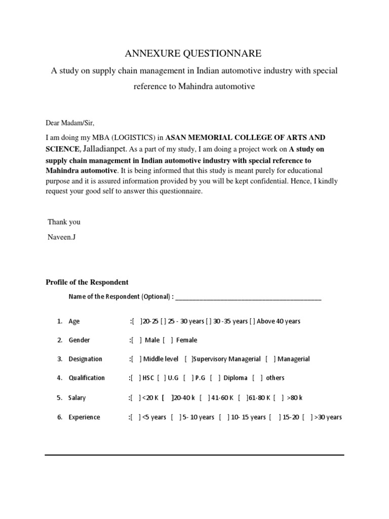 Questionnaire On Mba PDF Supply Chain Supply Chain Management