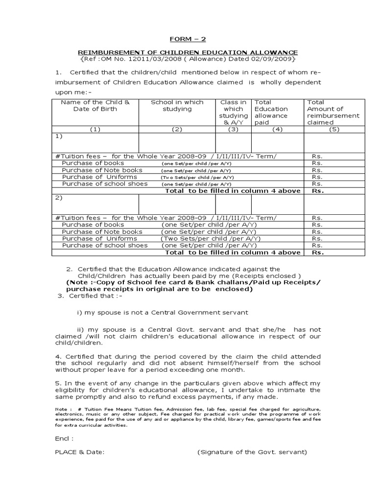 Education Allowance Form Pdf Pdf Fee Government