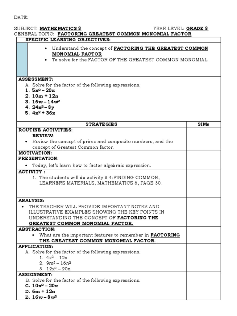 5 Factoring Greatest Common Binomial | PDF | Teaching Methods & Materials