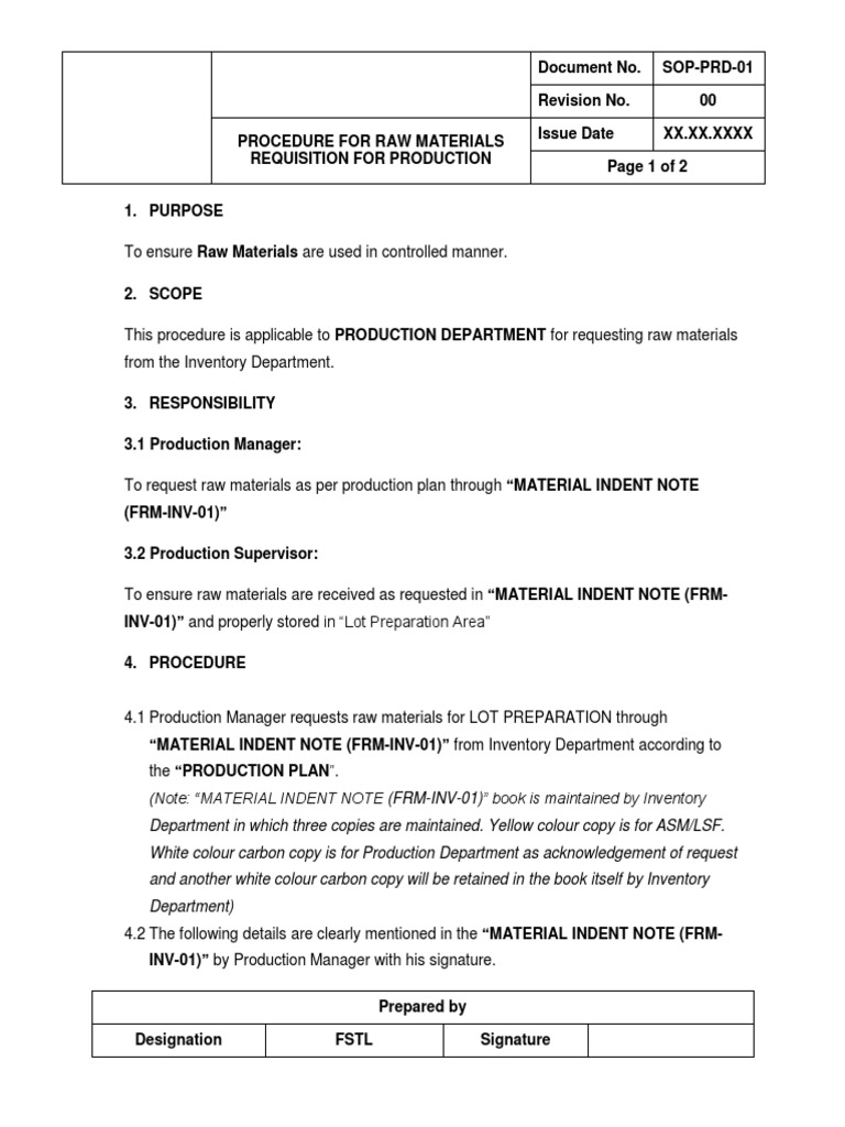Procedure For Raw Materials Requisition For Production PDF