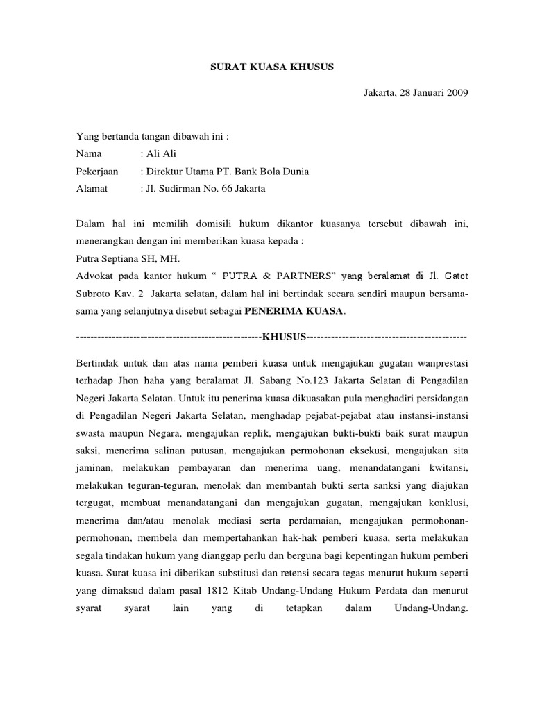 Contoh Surat Kuasa Khusus