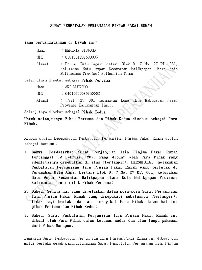 Surat Pembatalan Perjanjian Pinjam Pakai Rumah Docx