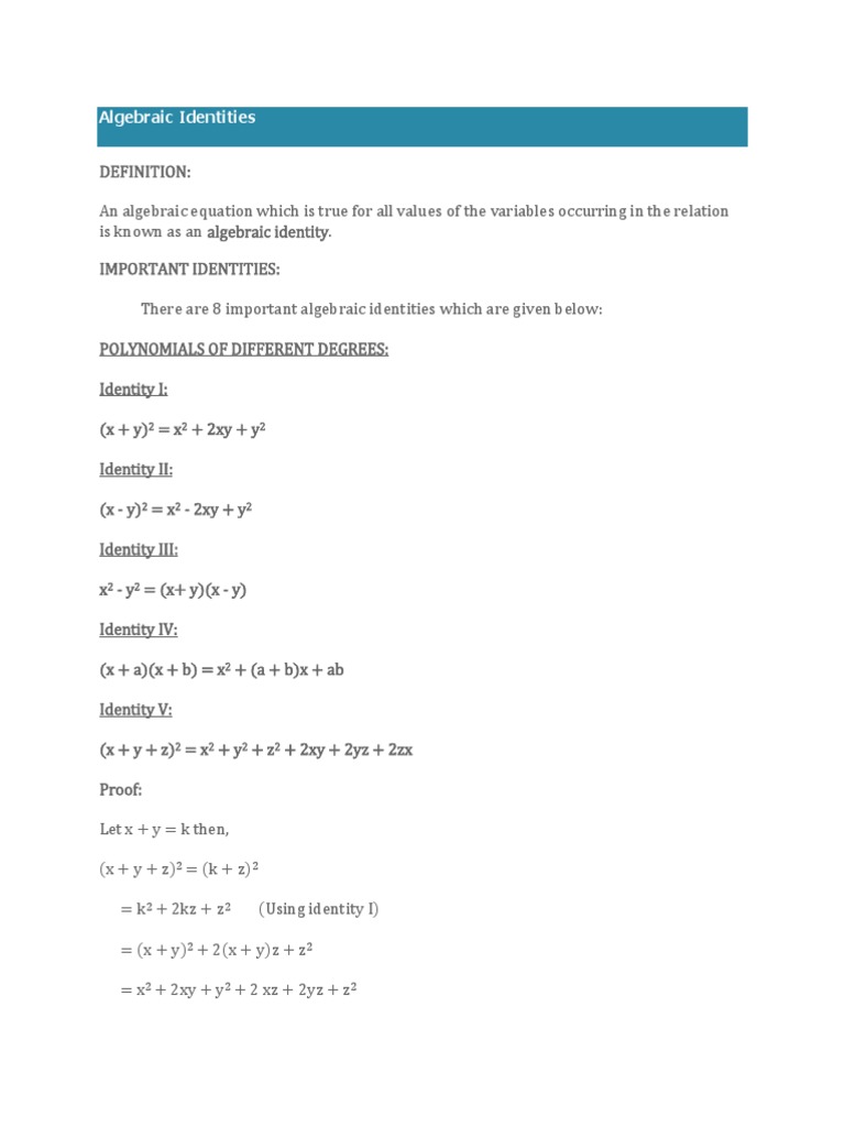 Algebraic Identities Pdf