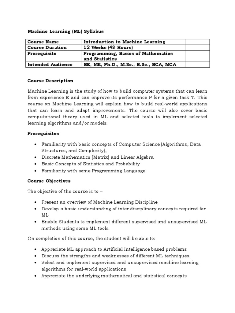Machine Learning Syllabus V2 | PDF