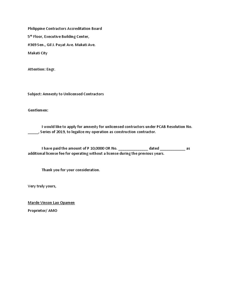 Amnesty Application for PCAB License | PDF | Business | Finance & Money ...